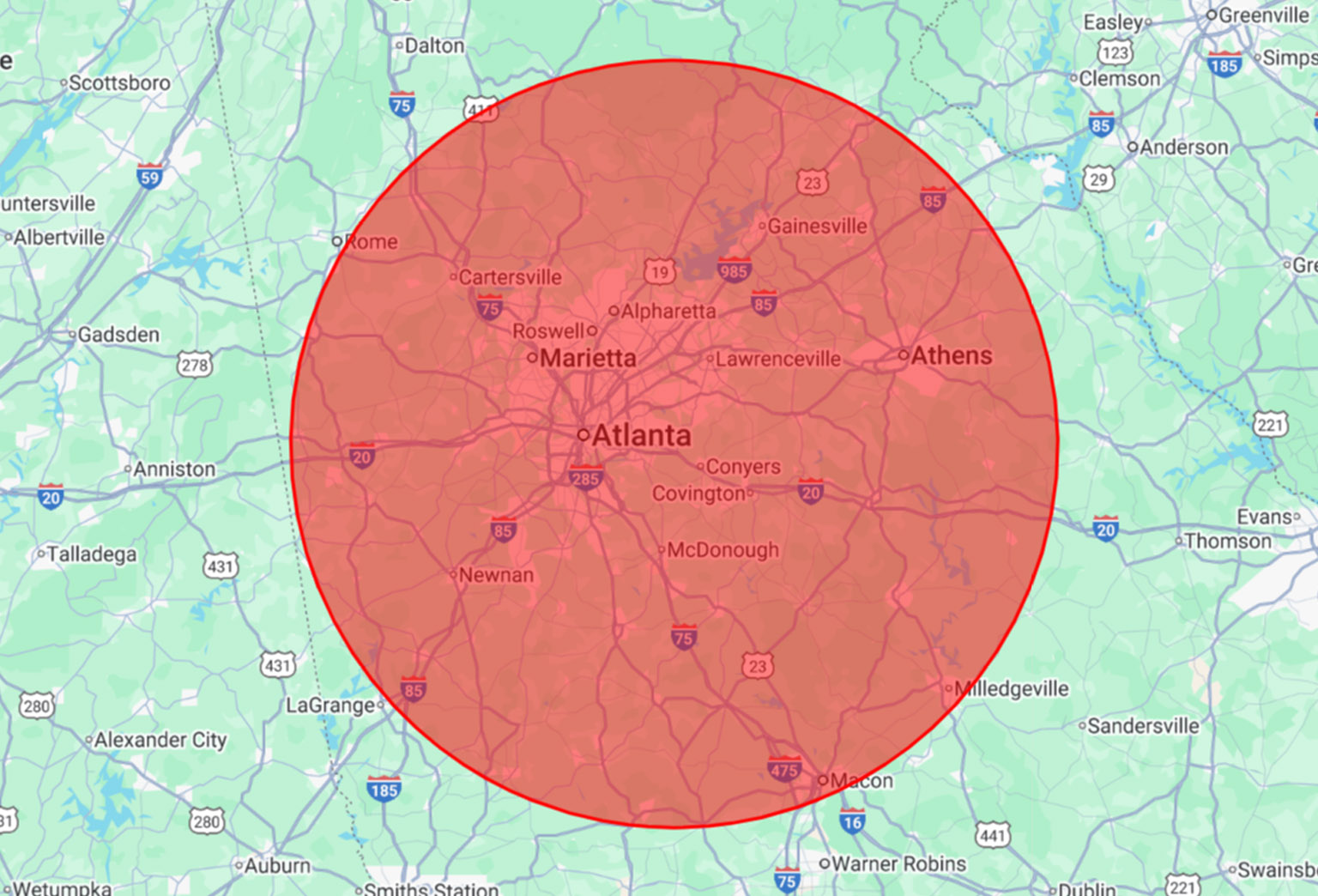 Map of our Atlanta metro service area, including Alpharetta, Peachtree City, Newnan, and surrounding neighborhoods