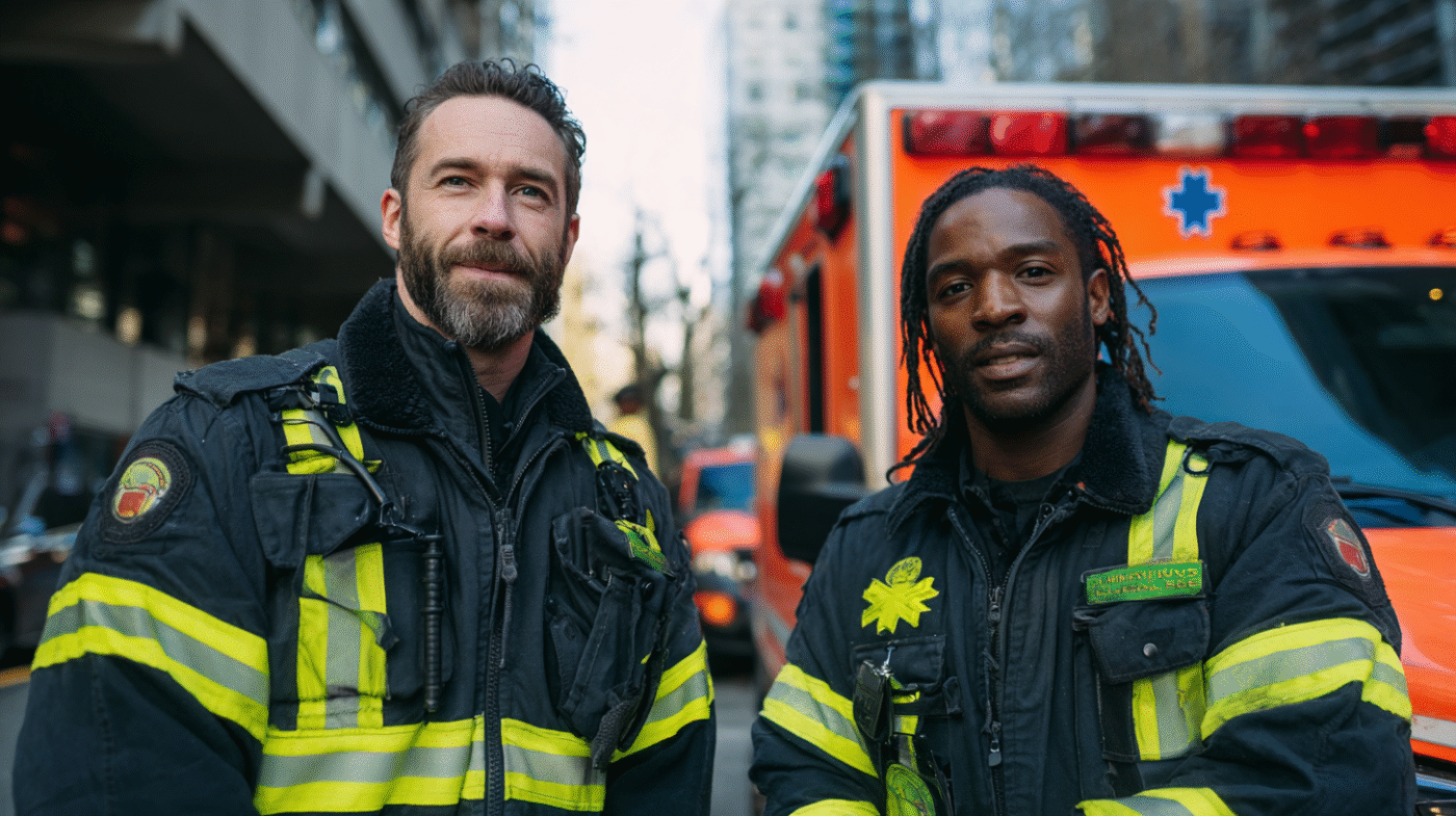 Two EMTs standing by an ambulance