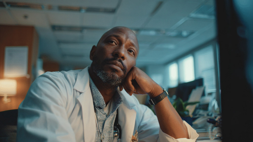 A medical doctor showing signs of burnout
