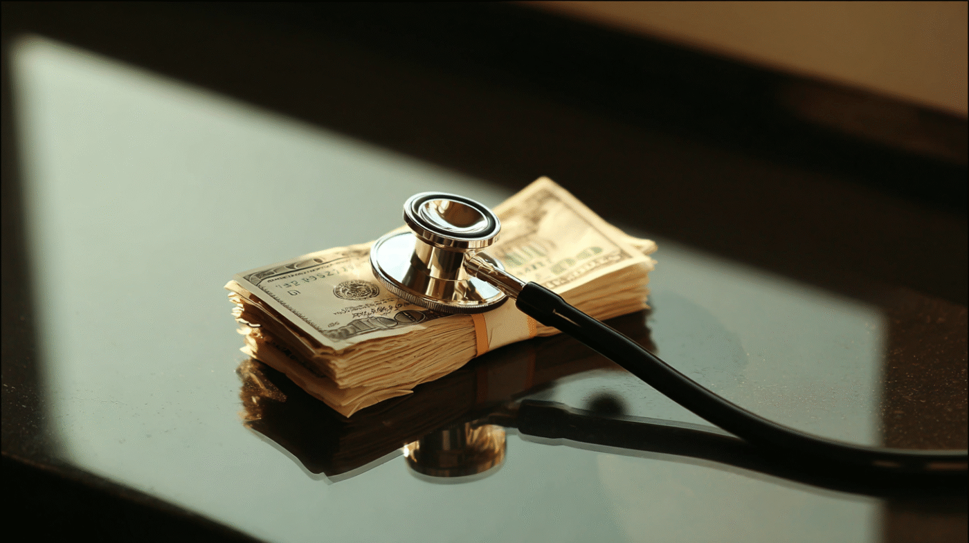 Stethoscope resting on dollar bills on a glass desk, symbolizing financial fraud recovery for clinicians